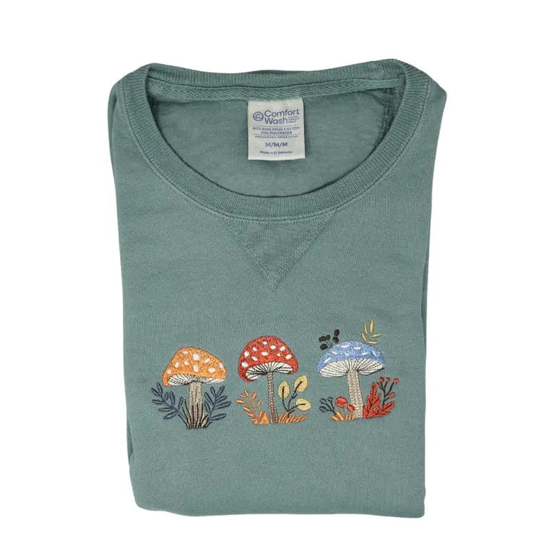 Whimsical Mushroom Embroidered Pullover Crewneck Sweatshirt - Unisex - ComfortWash