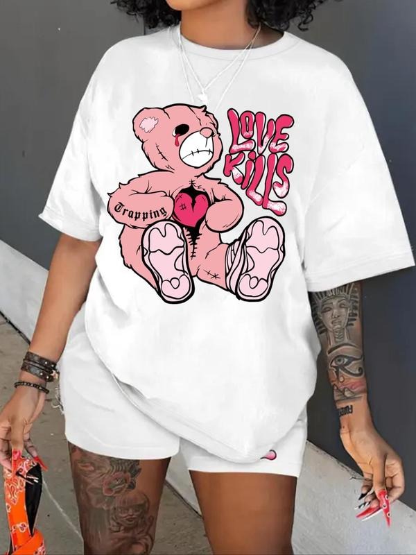Women's Cartoon Bear & Letter Print Drop Shoulder Tee, Casual Comfy Half Sleeve Round Neck T-Shirt for Daily Wear, Women's Top for All Seasons