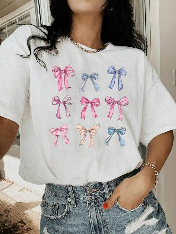 Women's Cartoon Bow Print Round Neck Tee, Fashion Casual Drop Shoulder Half Sleeve T-shirt for Daily Wear, Ladies Summer Clothes