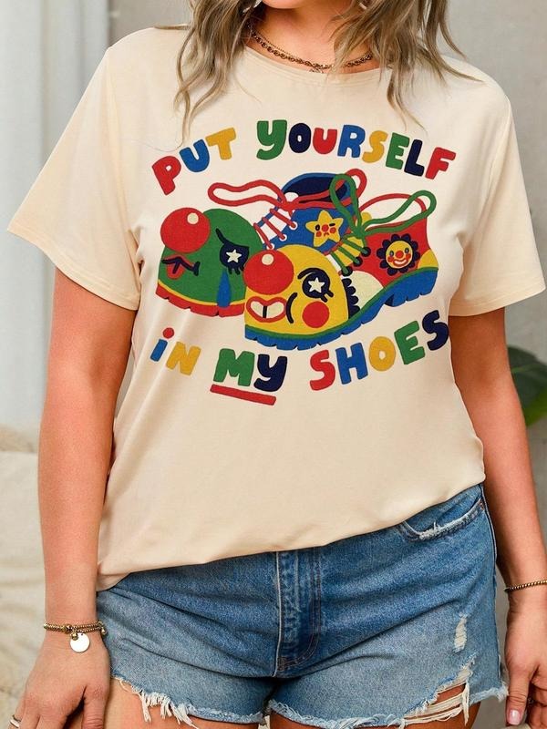 Women's Cartoon Clown Shoes & Letter Print Round Neck Tee, Fashion Casual Crew Neck T-shirt for Daily Holiday Vacation Outdoor Wear, Ladies Clothes for All Seasons