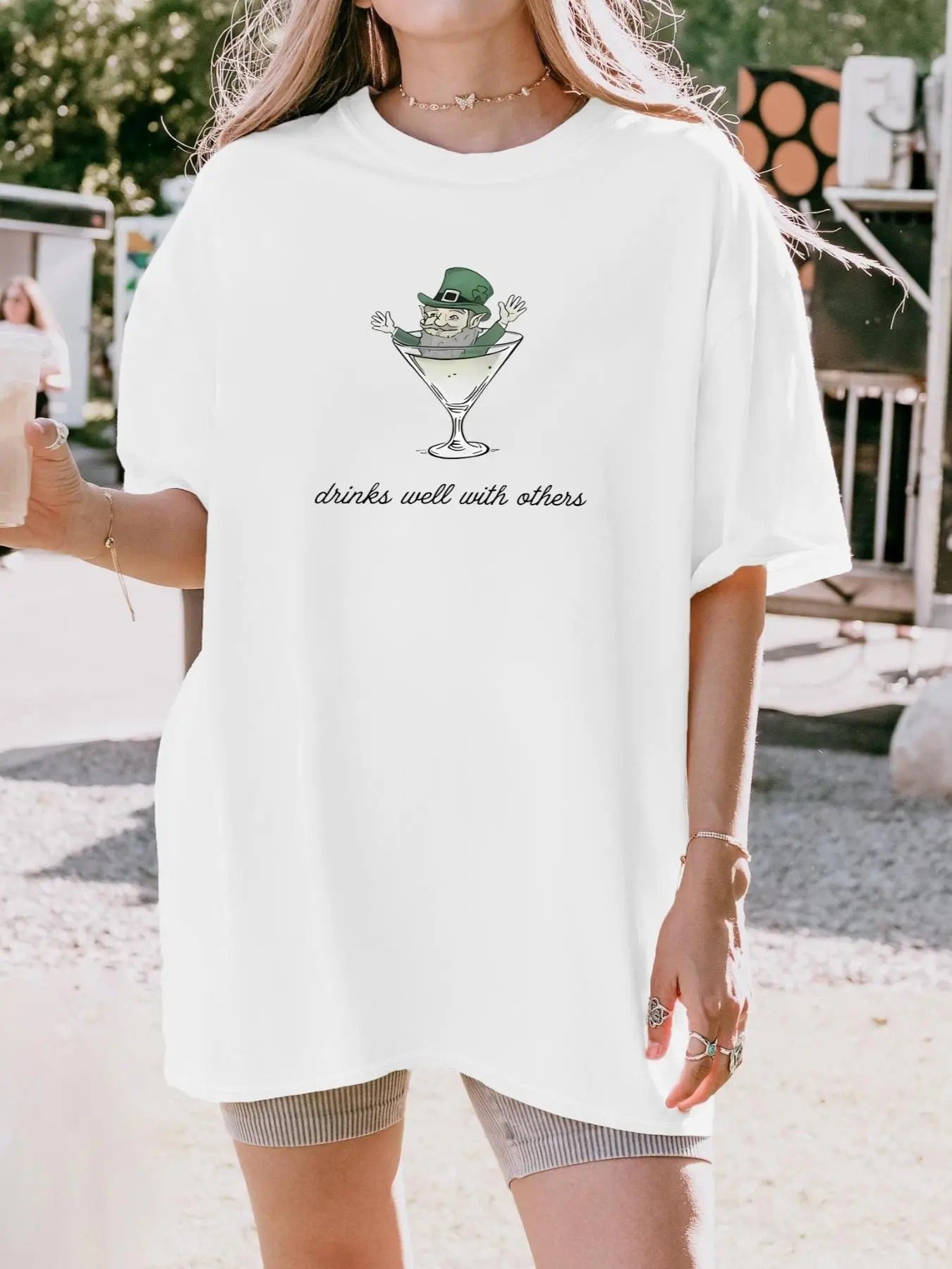 Women's Drinks & Letter Print Round Neck Tee, Casual Half Sleeve T-shirt for Summer, Women's Top for Daily Wear