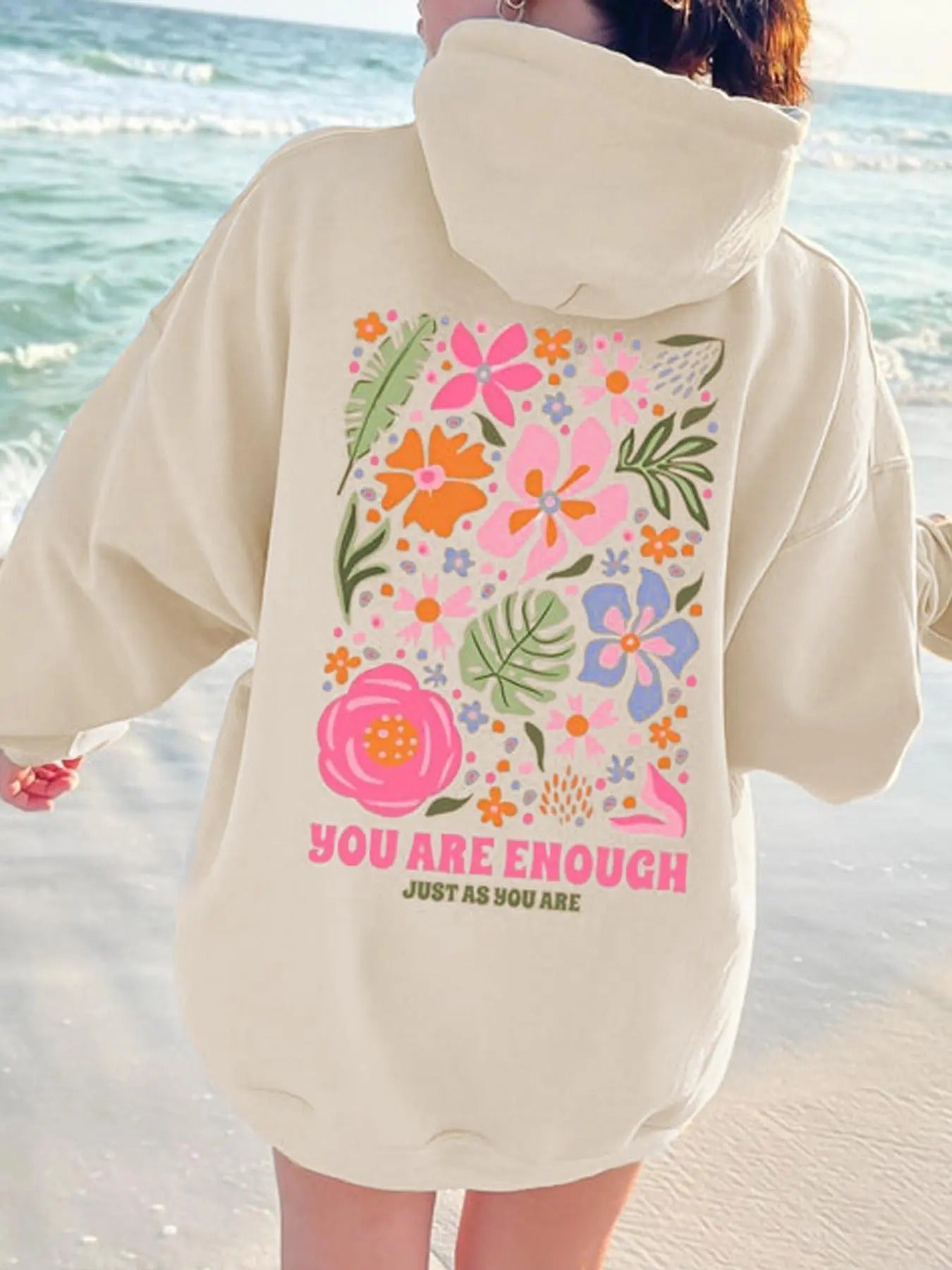 Women's Floral & Letter Print Drawstring Pocket Hoodie, Casual Drop Shoulder Long Sleeve Hooded Sweatshirt, Ladies Fall & Winter Clothes for Daily Wear