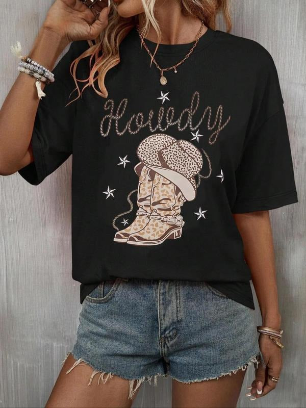 Women's Graphic Round Neck Drop Shoulder Tee, Vintage Trendy Casual Half Sleeve T-shirt For Daily Wear, Ladies All Seasons Outfit