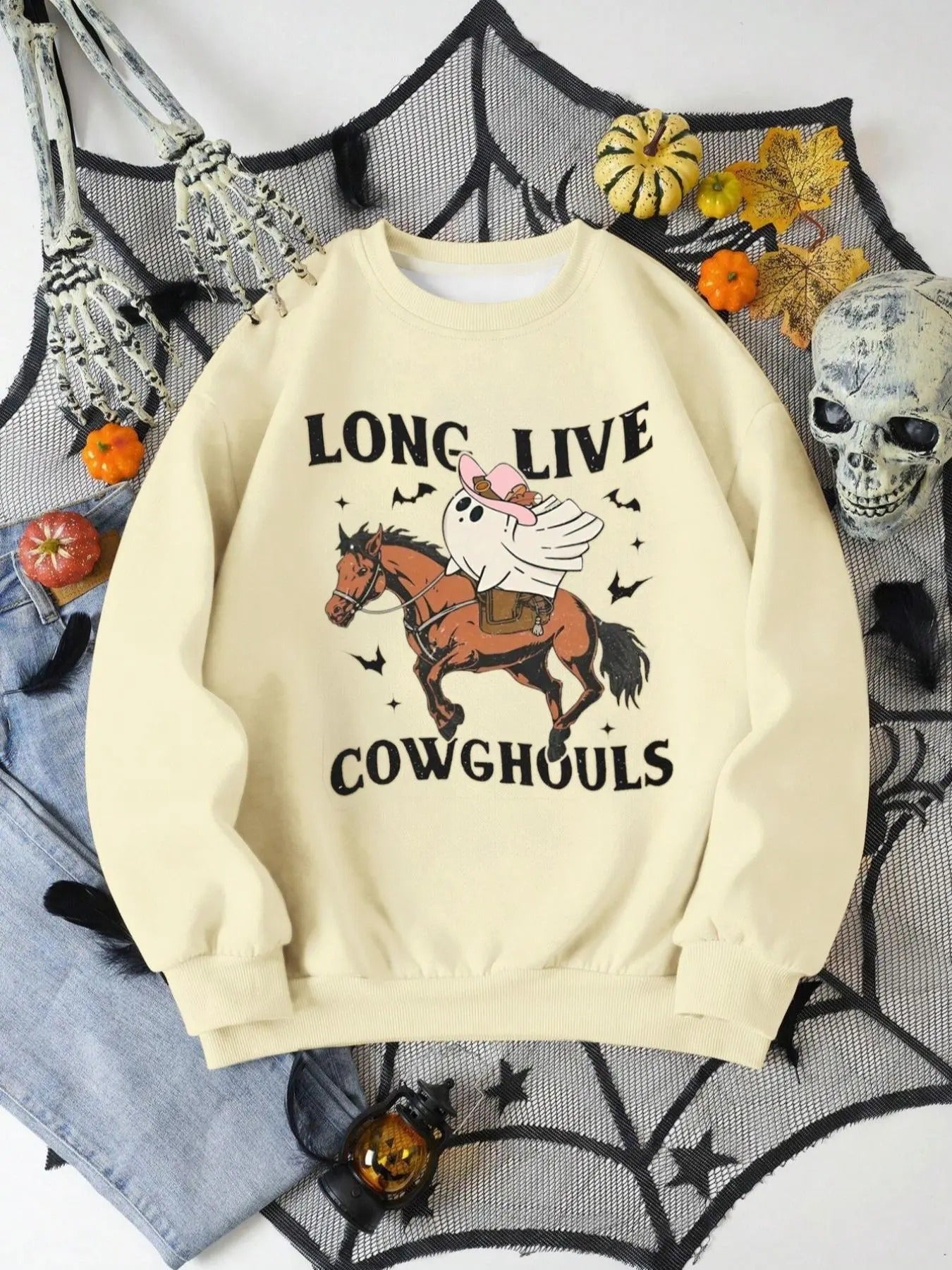 Women's Halloween Letter & Horse Print Drop Shoulder Sweatshirt, Casual Long Sleeve Round Neck Pullover for Fall & Winter, Women's Clothes for Daily Wear