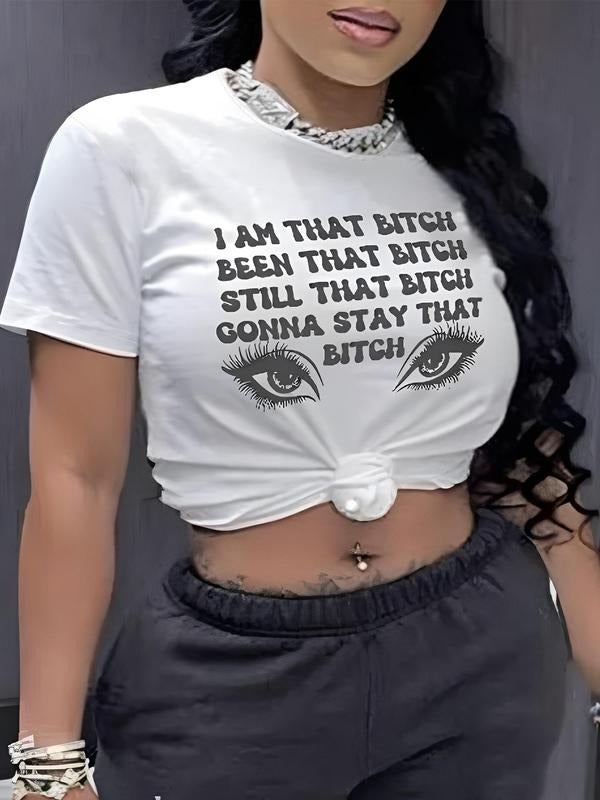 Women's Letter & Eye Print Round Neck Tee, Fashion Casual Crew Neck T-shirt for Daily Holiday Vacation Outdoor Wear, Ladies Clothes for All Seasons