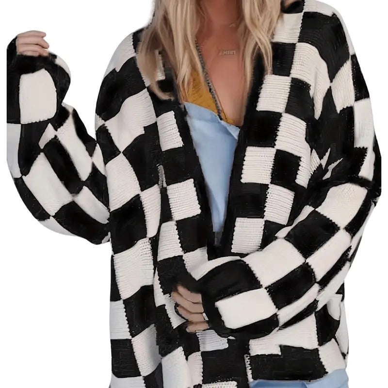Women's Long Sleeve Oversized Sweater Checkered Cardigan Open Front Outerwear Tops