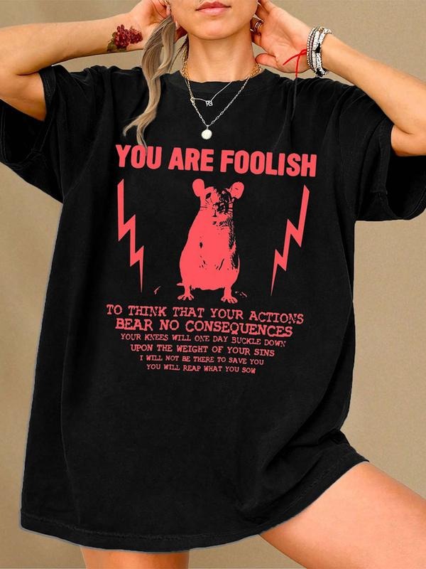 Women's Mouse & Letter Print Round Neck Tee, Fashion Casual Crew Neck T-shirt for Daily Holiday Vacation Outdoor Wear, Ladies Clothes for All Seasons