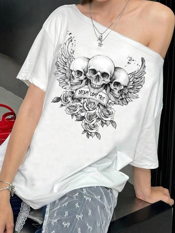 Women's Skull & Floral Print Asymmetrical Neck Tee, Y2K Casual Fashion Graphic T-shirt for Daily Wear, Ladies Clothes for All Seasons