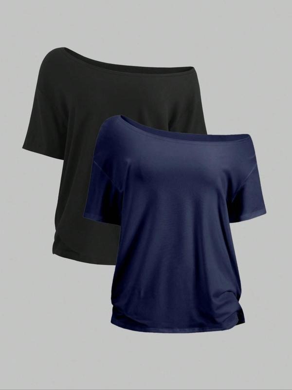 Women's Solid Off Shoulder Tee, Casual Fashion Ribbed T-shirt for Summer, Ladies Clothes for Daily Wear, Top