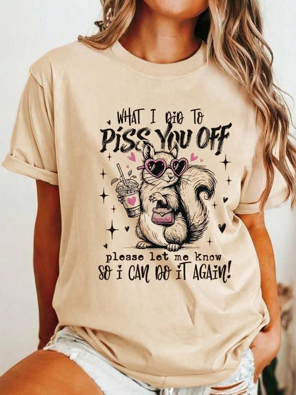 Women's Squirrel & Letter Print Round Neck Tee, Fashion Casual Crew Neck T-Shirt for Daily Holiday Vacation Outdoor Wear, Ladies Clothes for All Seasons