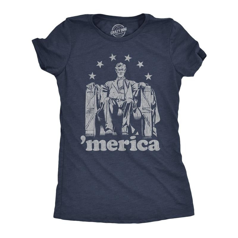 Womens Abe Lincoln 'Merica T Shirt Funny 4th of July USA Patriotic Graphic Novelty Tee Funny Womens T Shirts Cute Slimming Top Comfortable Soft Womenswear Patriotic Tops for Women Funny Political Top Navy