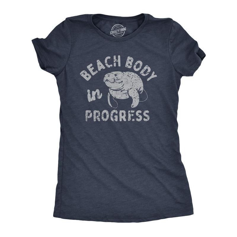 Womens Beach Body In Progress T Shirt Funny Big Chubby Manitee Tee For Ladies Funny Womens T Shirts Cute Slimming Tees with Plus Sizes Sarcastic T Shirt for Women Funny Fitness T Shirt Women's Novelty Navy -