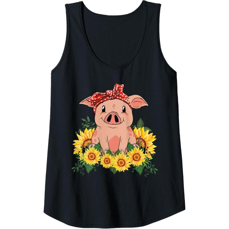 Womens Cute Pig Bandana Tee Sunflower Tank Top MADE IN USA