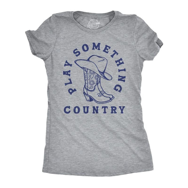 Womens Funny T Shirts Play Something Country Sarcastic Music Graphic Novelty Tee For Ladies Funny Womens T Shirts Cute Slimming Top Comfortable Soft Womenswear Sarcastic Tops for Women Funny Music Top Light Grey
