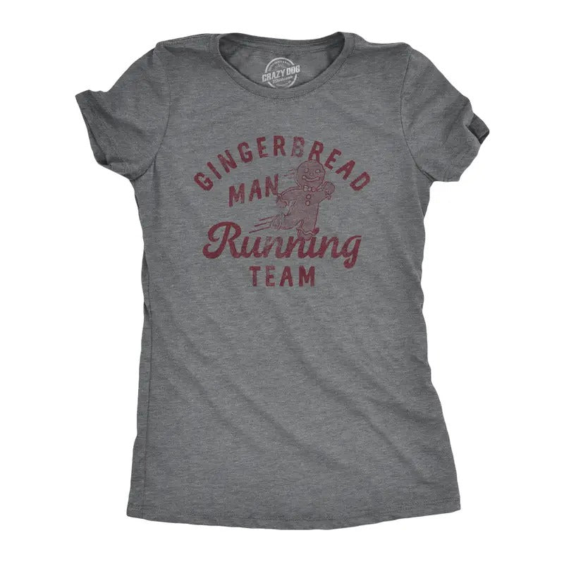 Womens Gingerbread Man Running Team T Shirt Funny Xmas Cookie Sprinting Joke Tee For Ladies Funny Womens T Shirts Cute Slimming Top Comfortable Soft Womenswear Christmas Tops for Women Funny Food Top Dark Grey