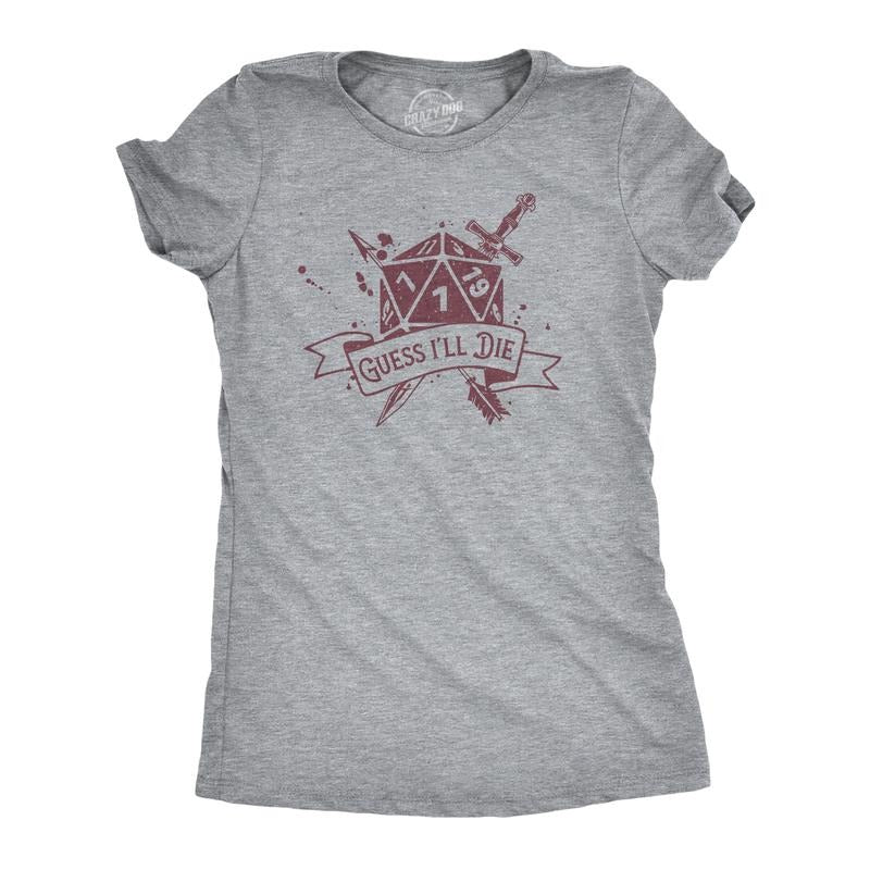 Womens Guess Ill Die T Shirt Funny Dungeon Gaming Dice Natural One D20 Joke Tee For Ladies Funny Womens T Shirts Cute Slimming Top Comfortable Soft Womenswear Funny Sarcastic T Shirt Women's Novelty T Light Grey