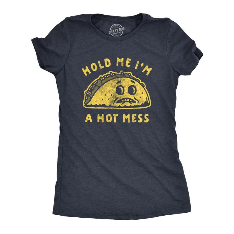 Womens Hold Me I'm A Hot Mess T Shirt Funny Taco Tuesday Graphic Tee Funny Womens T Shirts Cute Slimming Top Comfortable Soft Womenswear Cinco De Mayo Tops for Women Funny Food Top Women's Novelty Navy - Hot