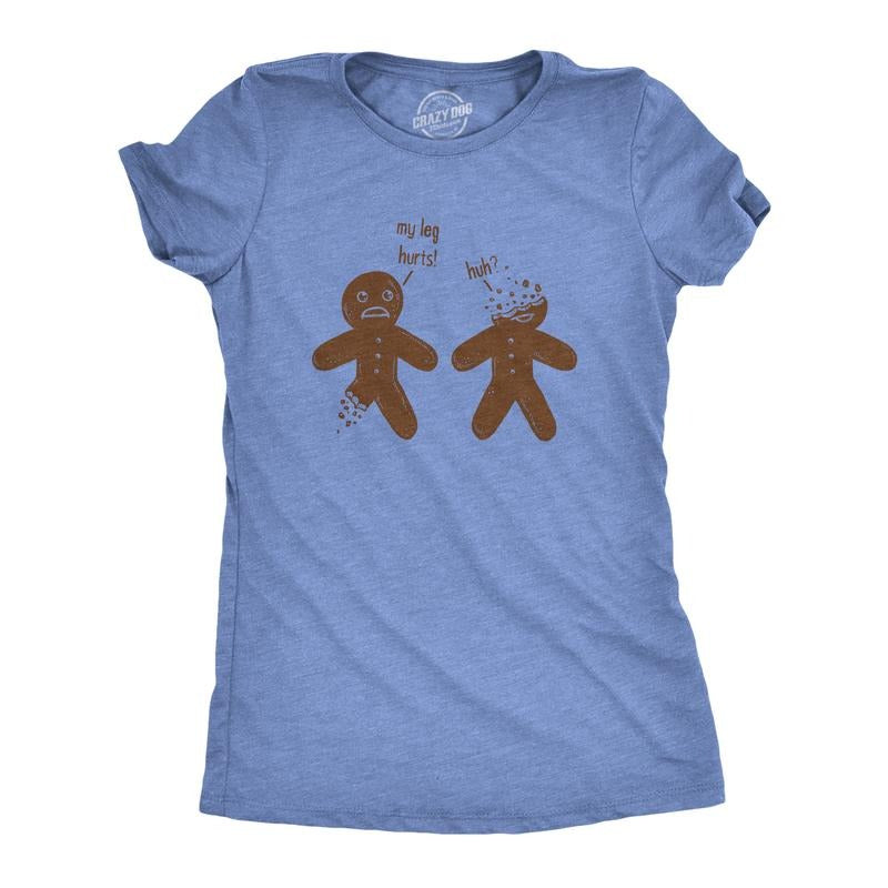 Womens My Leg Hurts Huh Funny Gingerbread Holiday Christmas T shirt Funny Womens T Shirts Cute Slimming Top Comfortable Soft Womenswear Christmas Tops for Women Women's Novelty Tees Light Blue