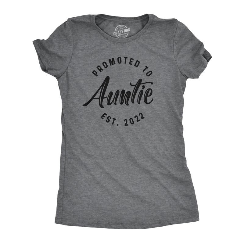 Womens Promoted To Auntie 2023 2022 2021 Tshirt Funny New Baby Family Graphic Tee Funny Womens T Shirts Cute Slimming Top Comfortable Soft Womenswear Funny Aunt Top Women's Novelty Tees Dark Grey