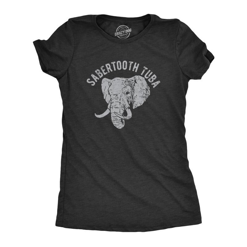 Womens Sabertooth Tuba T Shirt Funny Elephant Trunk Joke Tee For Ladies Funny Womens T Shirts Cute Slimming Top Comfortable Soft Womenswear Animal T Shirt for Women Funny Music T Shirt Women's Novelty Black -