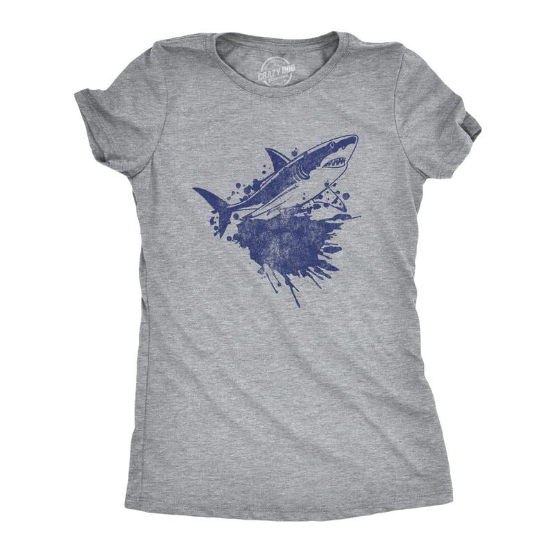 Womens Shark Ink Splatter T Shirt Funny Awesome Shark Week Lovers Tee For Ladies Funny Womens T Shirts Cute Slimming Top Comfortable Soft Womenswear Shark Tops for Women Women's Novelty Tees Light Grey