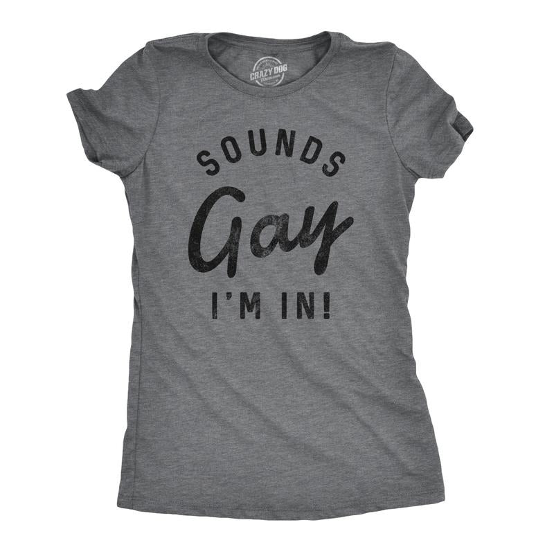 Womens Sounds Gay Im In T Shirt Funny LGBT Pride Tee Funny Womens T Shirts Cute Slimming Top Comfortable Soft Womenswear Pride Tops for Women Women's Novelty Tees Dark Grey