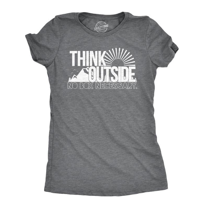 Womens Think Outside No Box Necessary Funny Cool Camping Graphic Funny T Shirt Funny Womens T Shirts Cute Slimming Top Comfortable Soft Womenswear Funny Camping Top Women's Novelty Tees Dark Grey