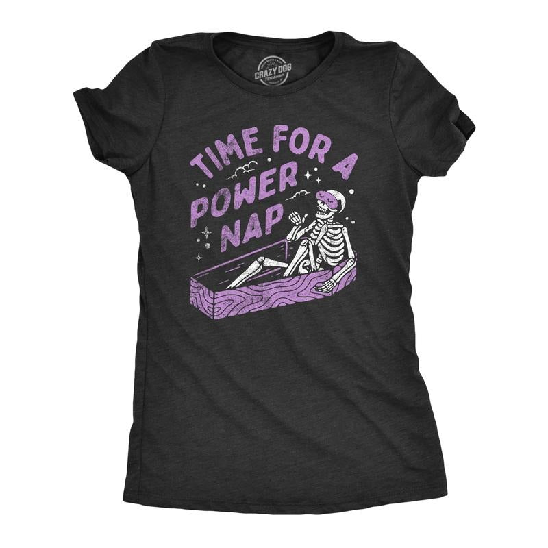 Womens Time For A Power Nap T Shirt Funny Halloween Sleepy Skeleton Coffin Joke Tee For Ladies Funny Womens T Shirts Cute Slimming Top Comfortable Soft Womenswear Halloween Tops for Women Funny Black -