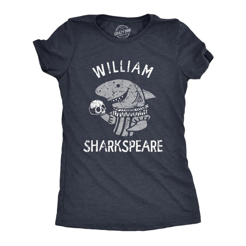 Womens William Sharkspeare T Shirt Funny Shark Week Shakespeare Joke Tee For Ladies Funny Womens T Shirts Cute Slimming Top Comfortable Soft Womenswear Shark Tops for Women Funny Sarcastic Top Women's Navy -