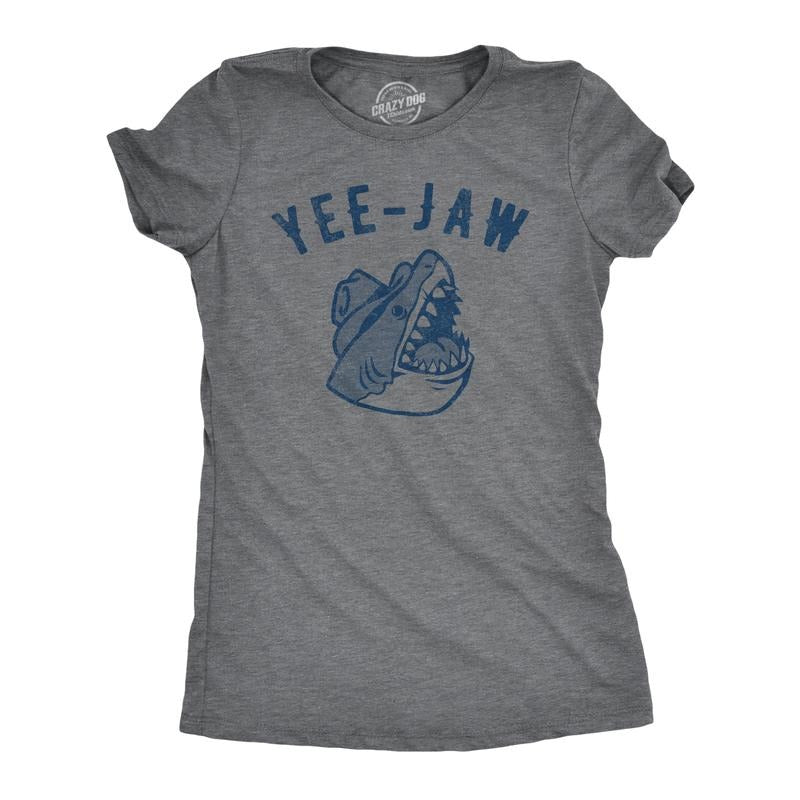 Womens Yee Jaw T Shirt Funny Southern Saying Shark Joke Tee For Ladies Funny Womens T Shirts Cute Slimming Top Comfortable Soft Womenswear Shark Tops for Women Funny Sarcastic Top Women's Novelty Tees Dark Grey
