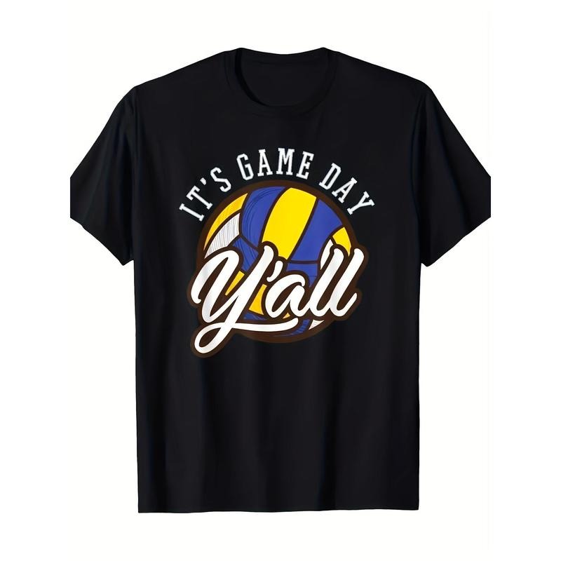 Y'all- Volleyball Pattern Print T-shirt, Men's Fashion Trend Round Neck Short Sleeve T-shirt, Comfortable And Breathable, Suitable For Leisure Outing, 100% Cotton Manufacture 220g made in usa
