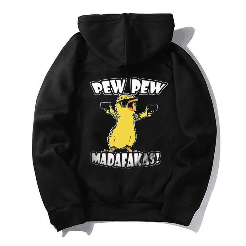 Yellow Duck Carries Pew Pew Letter Graphic Black Print Hoodie Sweatshirt T-shirt, Unisex Streetwear, Menswear, Coolgirl, Coolboy