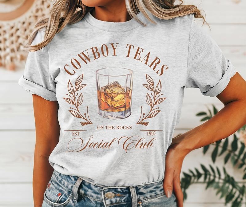 #072 - Cowboy Tears On the Rocks Social Club - Western Print Unisex Crew neck Tee T-shirt