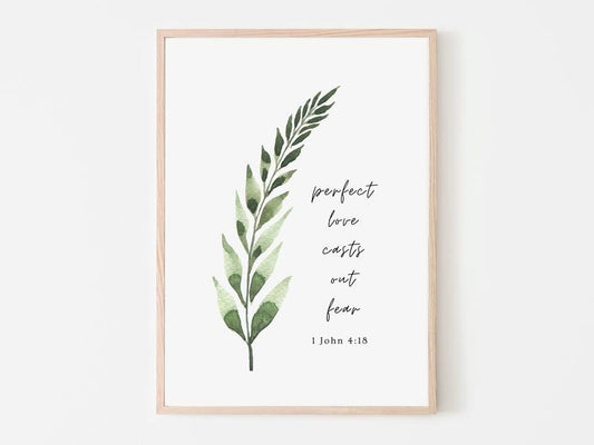 1 John 4:18 Bible Verse Quote, Perfect Love Casts Out Fear Wall Art | Watercolor Leaf Print Poster Prints No Frame, Gifts For Family Friend Wall Decor, Wall Art Home Decor, Gifts For Birthday Christmas Xmas Artwork Landscape Photo Ornaments