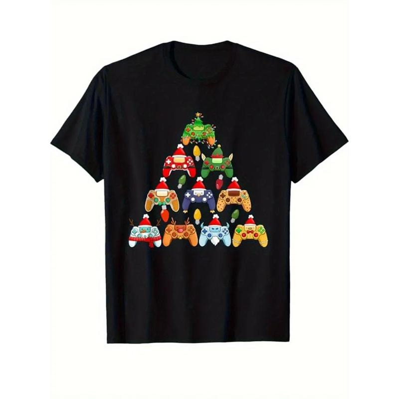 1 Piece, 100% Cotton, Christmas Tree Monogram Printed T Shirt, Seasonal Casual New Wave Men's T Shirt, Crew Neck High Street Cotton Short Sleeve T Shirt, Fashion Boutique T Shirt. Christmas Gift, Cat made in usa
