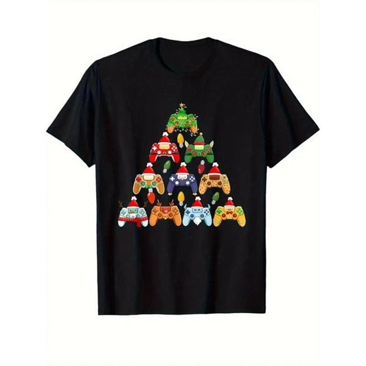 1 Piece, 100% Cotton, Christmas Tree Monogram Printed T Shirt, Seasonal Casual New Wave Men's T Shirt, Crew Neck High Street Cotton Short Sleeve T Shirt, Fashion Boutique T Shirt. Christmas Gift, Cat made in usa