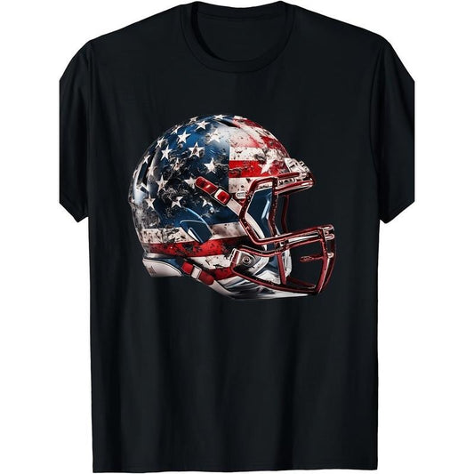 1 pc, 100% cotton T-shirt, men's football Short sleeve American Football helmet American Flag men's T-shirt made in usa