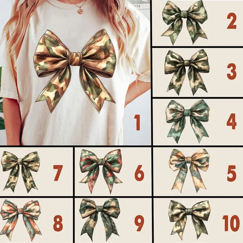 10 Camo Coquette Bow  Bundle Shirt, Hunting Girl Shirt Design, Military bow Shirt, Full Sizes, Full Colors, Cotton Round Neck Tee, Womenswear, Lady Top Fabric