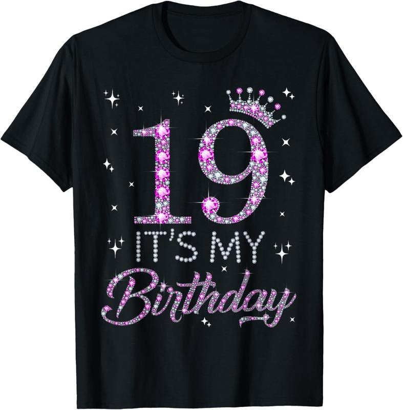 100% Cotton 19 It's My Birthday Pink Crown Happy 19th Birthday Girl T-Shirt