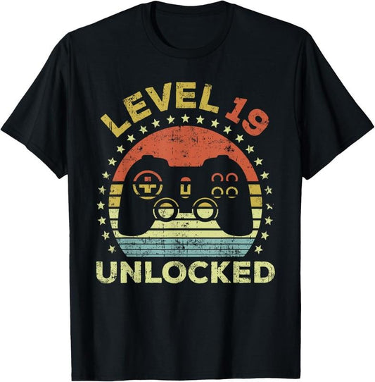 100% Cotton 19th Birthday Gaming Level 19 Unlocked T-Shirt