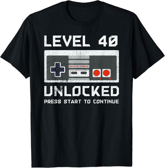 100% Cotton 40 Year Old Forty Birthday Gift Level 40 Unlocked Gamer T-Shirt