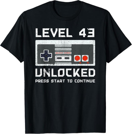 100% Cotton 43 Year Old Forty-Three Birthday Gift Level 43 Unlocked Game T-Shirt