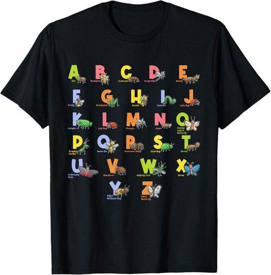 100% Cotton Alphabet Types of Insects Bug Lover Future Entomologist T-Shirt