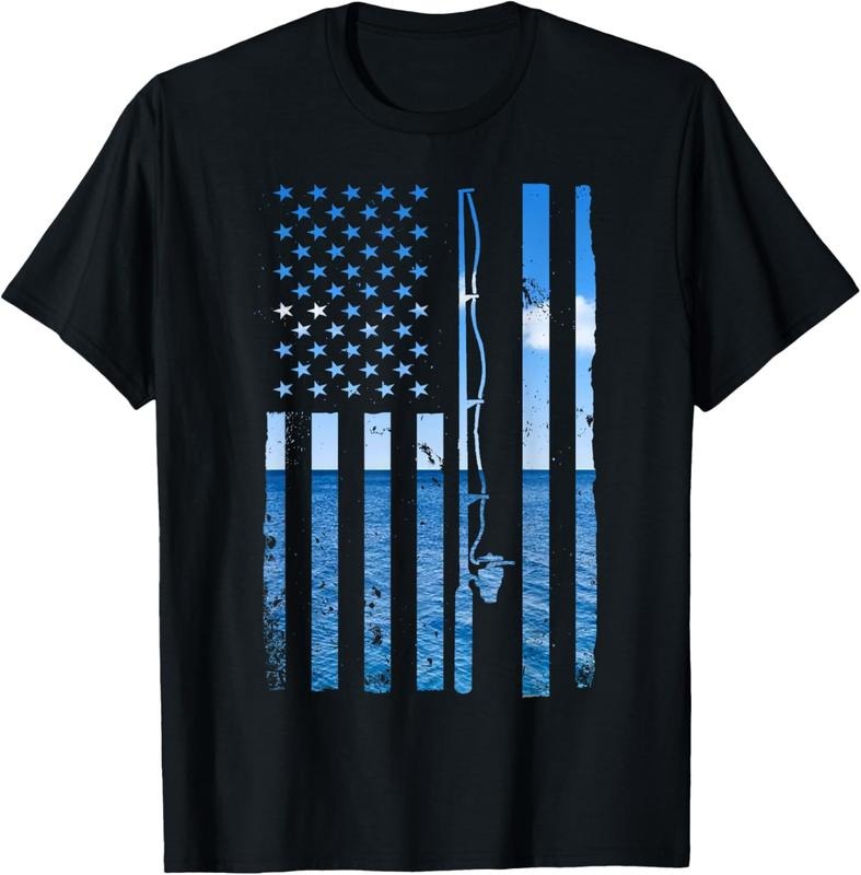 100% Cotton American Flag Fish Fisher Fisherman Funny Bass Fishing USA T-Shirt