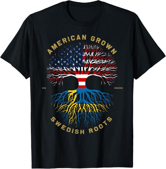 100% Cotton American Grown With Swedish Roots Tree USA Flag Unique Gifts T-Shirt
