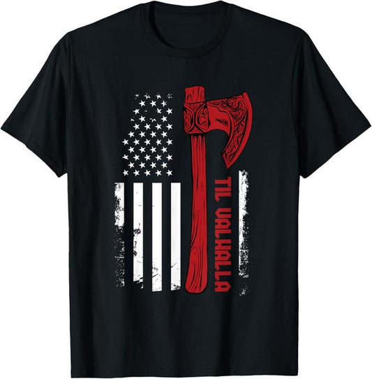 100% Cotton American Viking Axe Flag - Til Valhalla - Norse Mythology T-Shirt