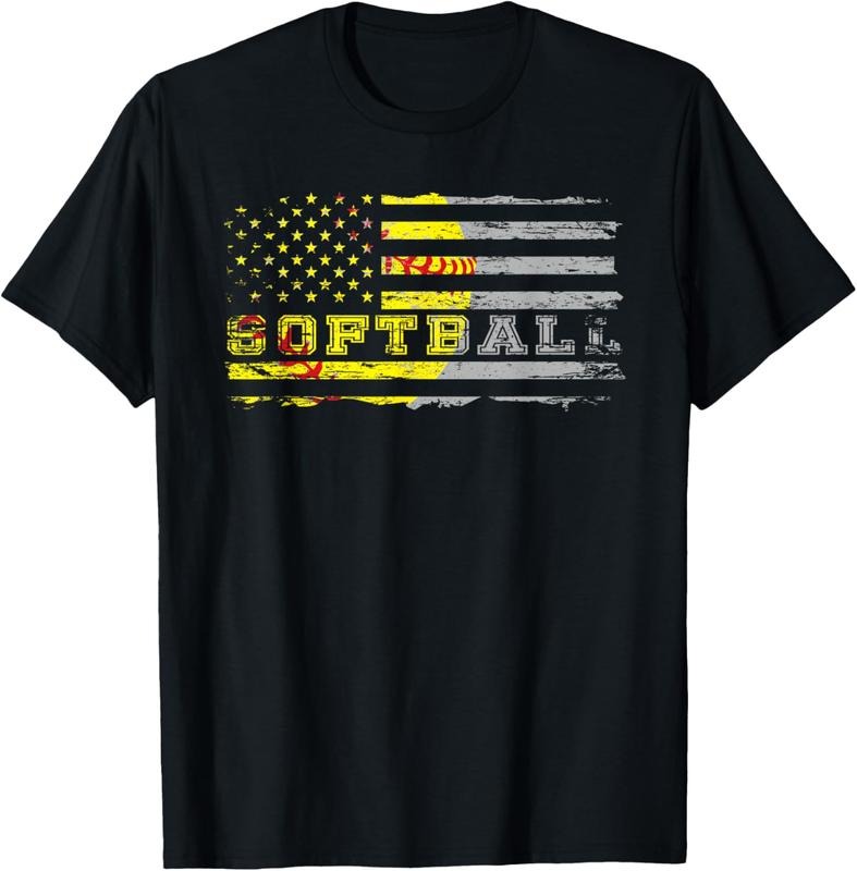 100% Cotton American flag softball fan Team Distressed Gift T-Shirt