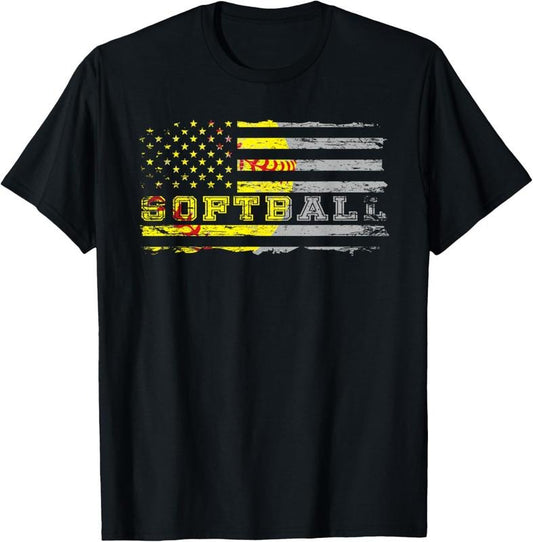 100% Cotton American flag softball fan Team Distressed Gift T-Shirt