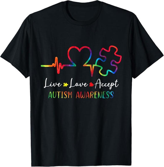 100% Cotton Autism Awareness Men Women  Live Love Accept Tie Dye T-Shirt