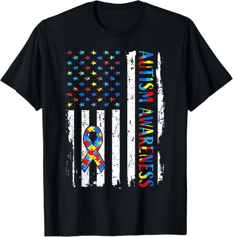 100% Cotton Autism Awareness Mom Dad USA flag Autistic Awareness Autism T-Shirt